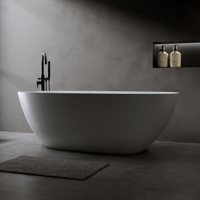 Baignoire de trempage autoportante 61 po, pierre de résine à surface solide, moderne avec trop-plein et bonde escamotable, blanc