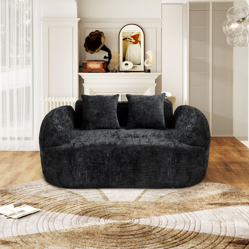 2-seater Curved Compressed Sofa, Upholstered Boneless Loveseat, Black
