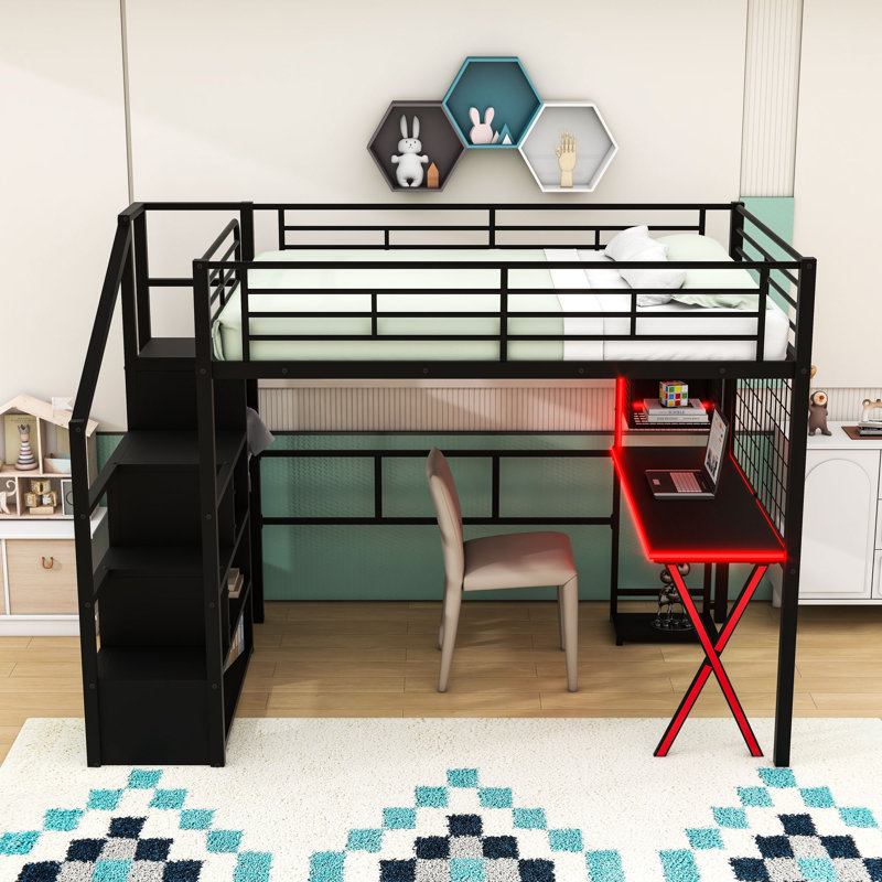 Metal Loft Bed with Wardrobe, Storage Staircase and LED Light