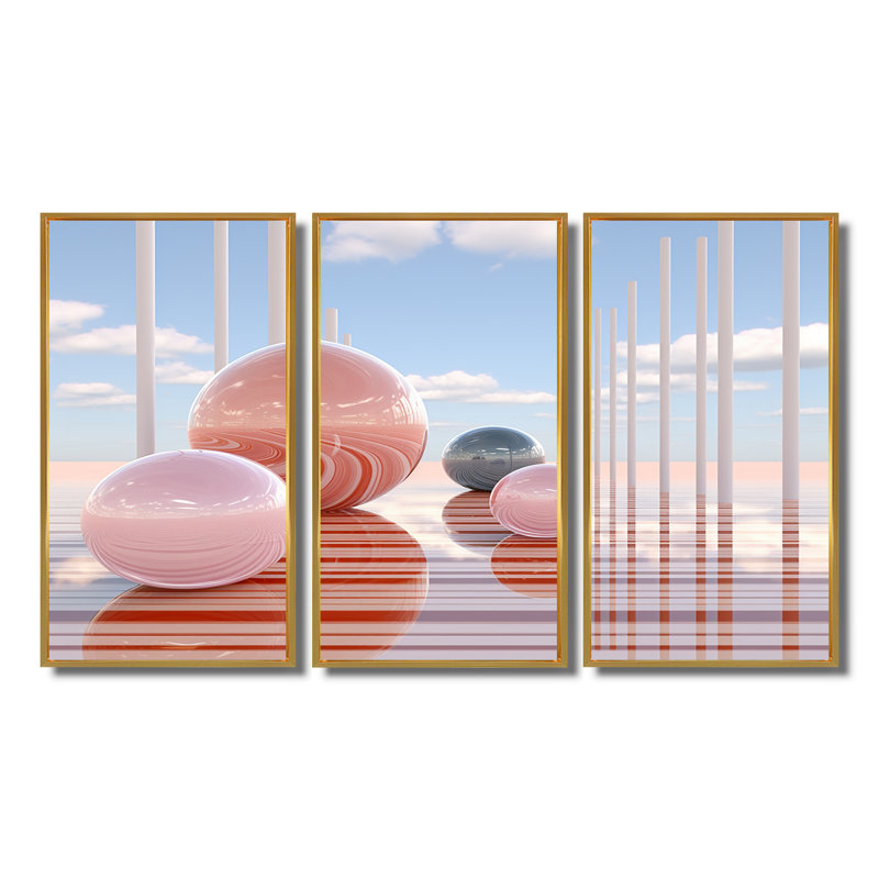 Cressler - Ensemble de salon d'art mural paysage abstrait, Cadre flottant doré, H 32 po x l 48 po x P 1 po
