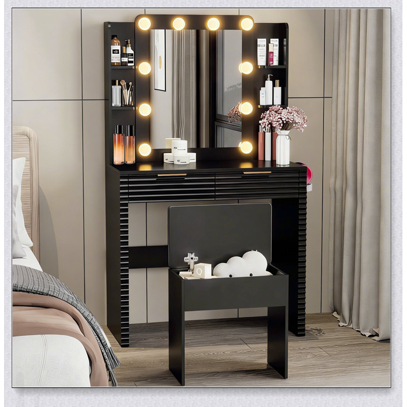 Bureau de maquillage avec 10 ampoules DEL réglables, coiffeuse cannelée, station de charge et solutions de rangement