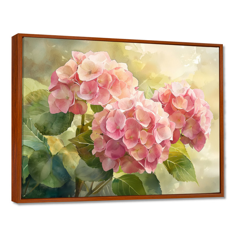 Hortensias dans un jardin d'été I - hydrangées grand art mural, H 30 po x l 40 po, Impression encadrée flottante, Brun