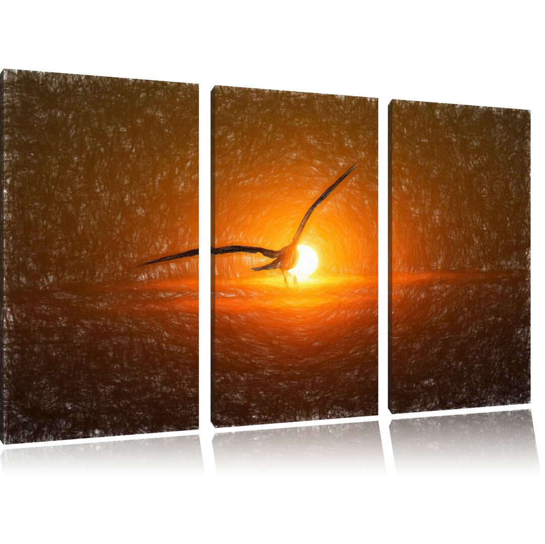 3-tlg. Leinwandbilder-Set „Möwe fliegt in den Sonnenuntergang“, Grafikdruck