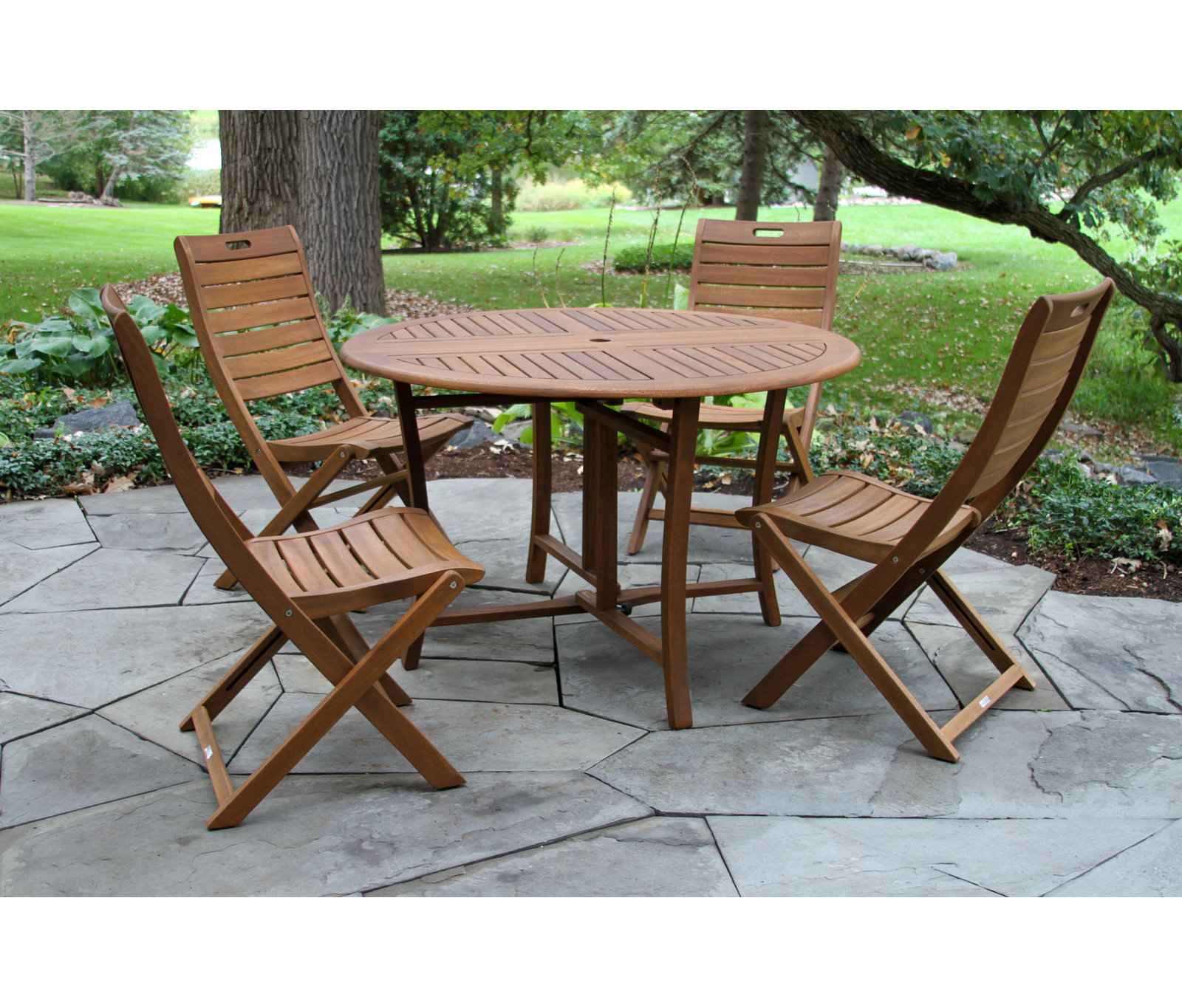 Suki Round Eucalyptus Folding Outdoor Dining Table with Umbrella Hole, 30" H x 43" L x 43" D