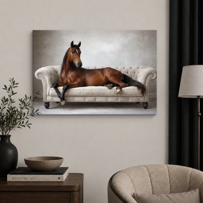 Brown Horse On Sofa Whimsical Animal Artwork, Living Room Pictures, Framed Canvas Giclee Print Wall Art