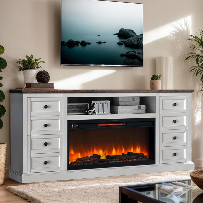 Meuble télé avec foyer électrique 36 po Farmhouse, console multimédia 31 po avec tiroir, flamme réglable, pour téléviseurs de 80 po