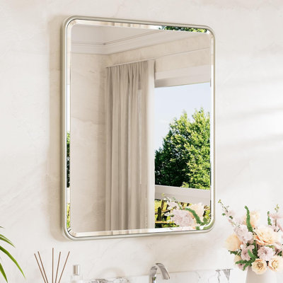 Brushed Nickel Bathroom Mirror 24 x 30 Beveled Edge Tempered Glass, Rounded Corner Rectangle Bathroom Mirror for Over Sink for Modern Bathroom, Living Room, Bedroom, Entryway