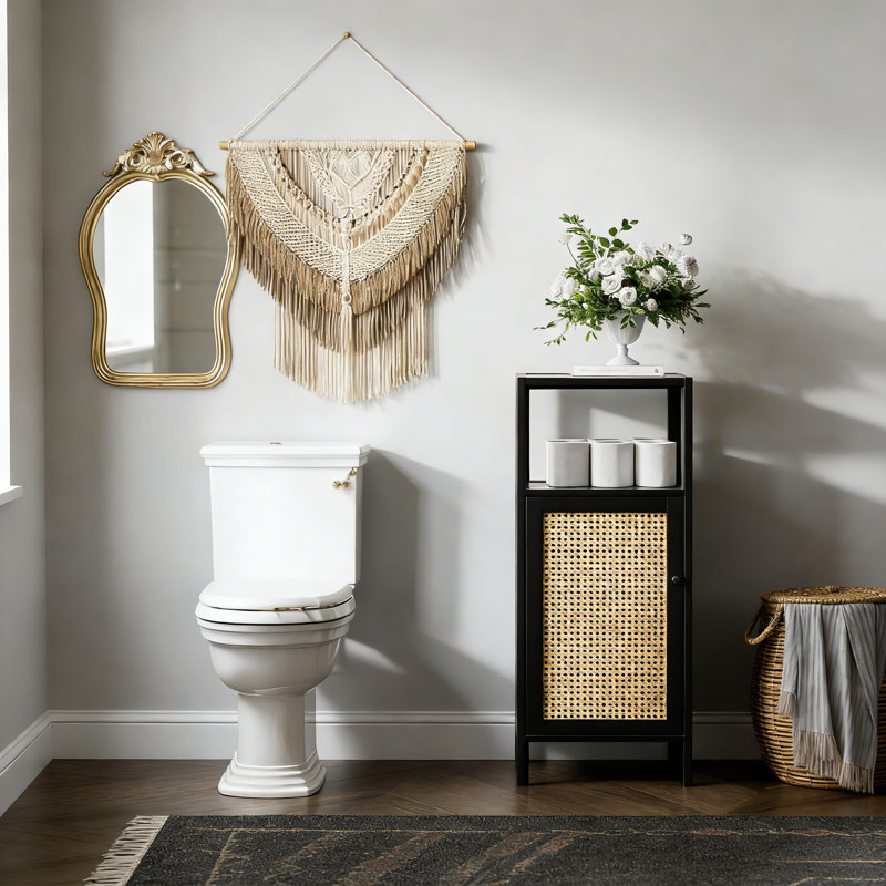 Bamboo Freestanding Bathroom Cabinet With Rattan Door, Narrow, Black