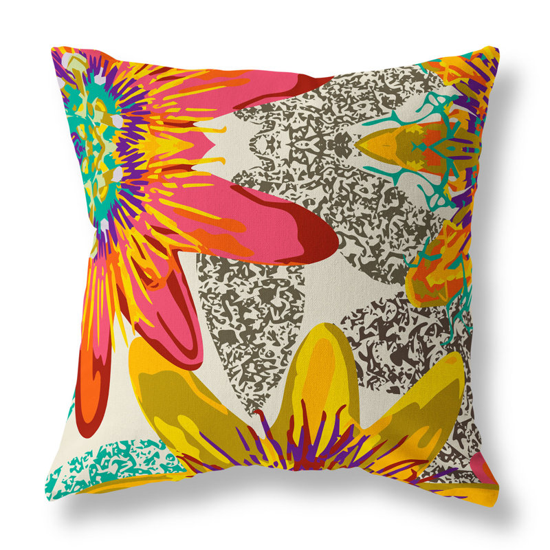 Coussin décoratif intérieur / extérieur Spots Blossoms, H 16 po x l 16 po, Rouge / Jaune