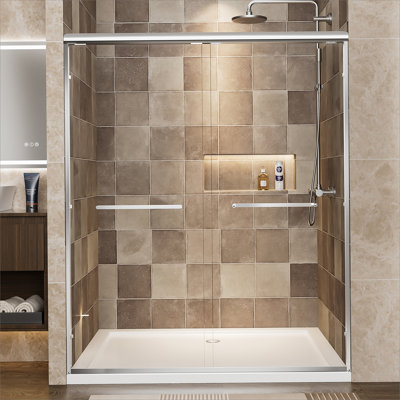 Aluminum Frame Double Sliding Shower Door, Tempered Glass Shower Door With Explosion-Proof Film And Stainless Steel Handles