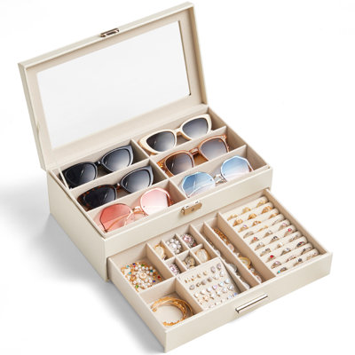 2-layer Jewelry Box For 6 Slots Sunglasses Organizer, Storage For Bracelet, Necklace, Ring, Multiple Eyeglasses Display Case For Women Girl, Gift Idea, Chic