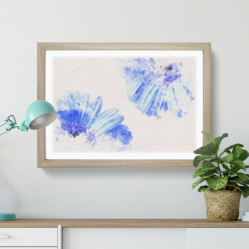 Two Blue Flowers - Single Picture Frame Print on MDF, 33cm H x 45cm W x 2cm D, Oak