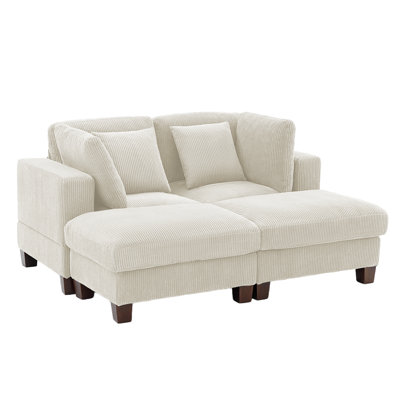 65" Beige Corduroy Sectional Sofa with Ottoman for Small Spaces