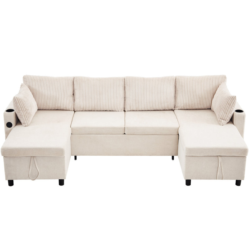 111.8" Sectional Sofa Pull-Out Sofa Bed Versatile Sofa Sleeper With Large Storage Space, Beige Chenille