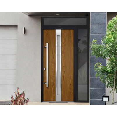 Front Exterior Prehung Steel Door / Deux 1744 Natural Oak / Side and Top Exterior Black Window / Stainless Inserts Single Modern Painted-W36+12" x H80+16"-Right-hand Inswing