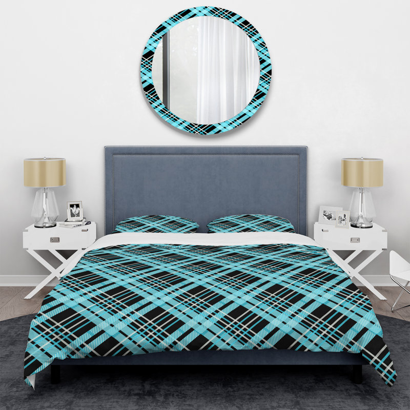 Tartan à carreaux bleu et blanc - Ensemble de housse de couette abstrait - Microfibre de polyester
