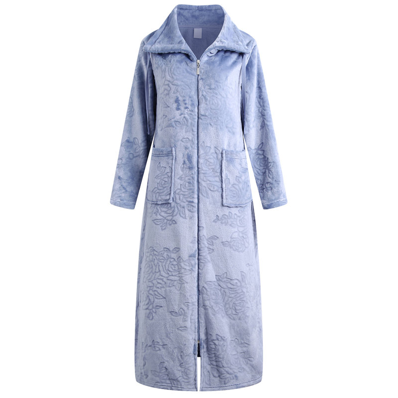 Hursel Fleece Mid-Calf Bathrobe with Pockets, Blue, S