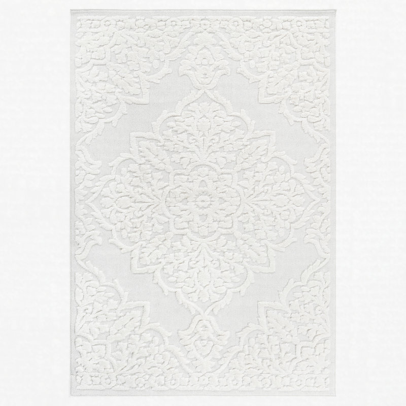 High-Low Medallion Area Rug Polypropylene Stain Resistant Non-Shedding Cream 6'7" x 9', Rectangle 6'7" x 7'9"