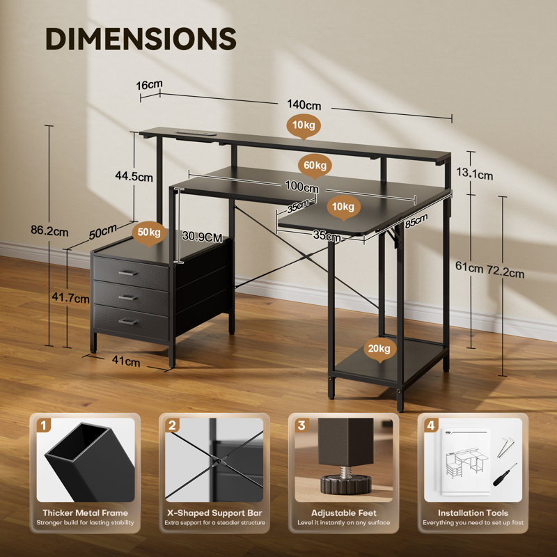 L-Shaped Metal Base Computer Desk with Power Outlet, Black