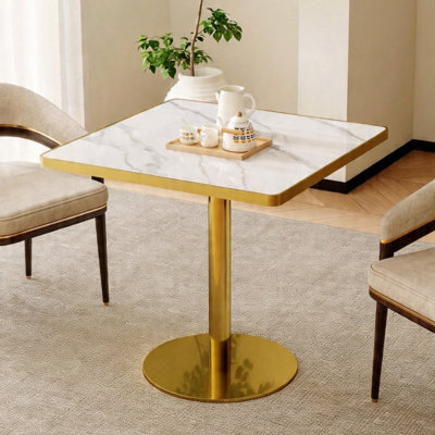31.5" Modern Glam Stone-Top Bistro Table with Gold Pedestal Base, Square Dining Table for Breakfast Nooks & Small Spaces