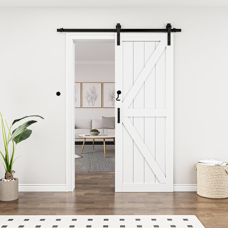 84"H × 30"W White Panelled Manufactured Wood K Shape Primed Barn Door with Installation Hardware Kit - Door Lock Included