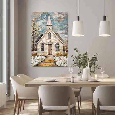 Canvas Wall Art - Rural Church with White Flowers & Fence, Impressionist - 24" x 36" for Home & Church Decor