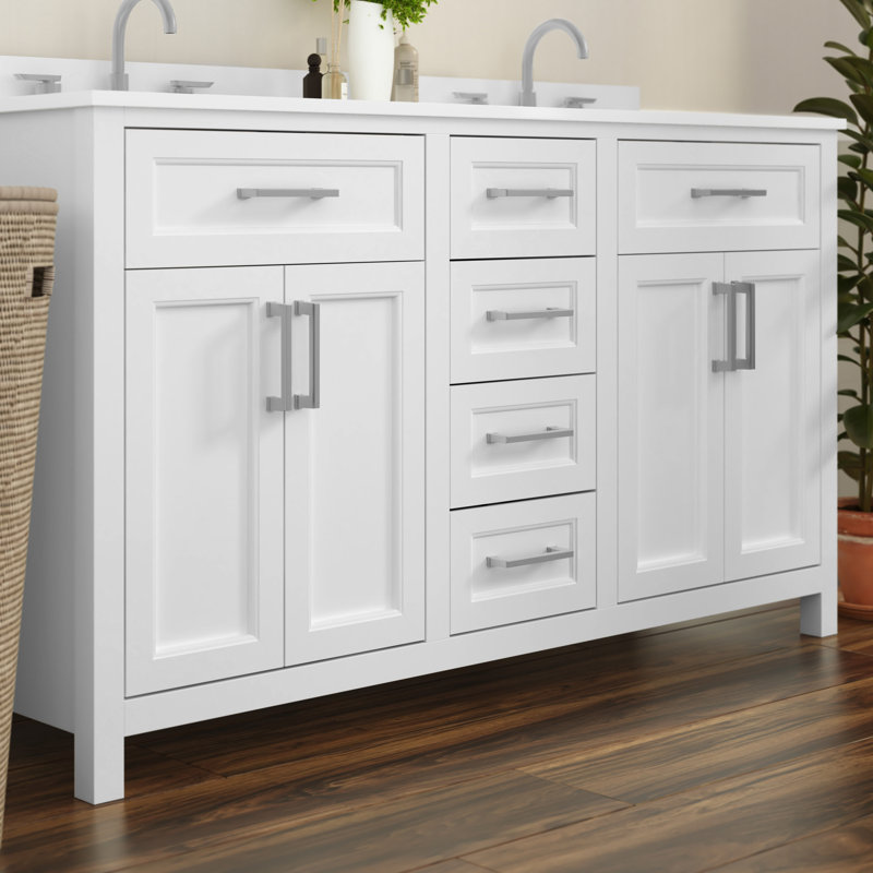 White Double Bathroom Vanity with Gold Hardware and Marble Top