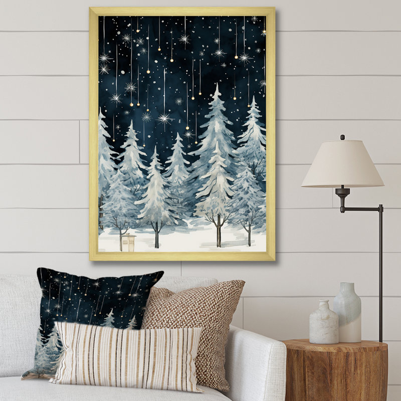 «Winter Pine Tree Starry Night Sky I», reproduction sur toile encadrée, Cadre photo doré simple, H 32 po x l 16 po x P 1 po