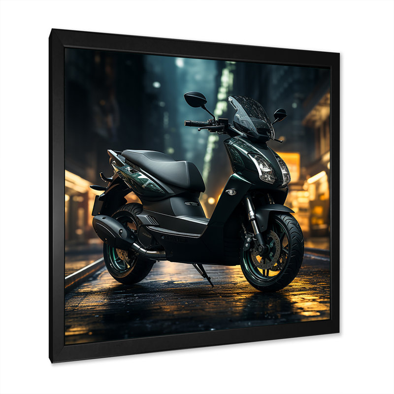 «Night Streets And Scooters II», reproduction sur toile, Cadre simple noir, H 36 po x l 36 po x P 1,5 po