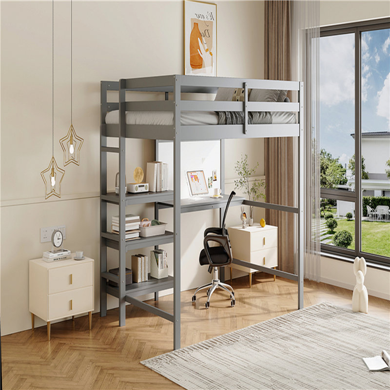 Lit mezzanine simple en bois avec tablettes, bureau et tableau d'écriture - Gris, Grey