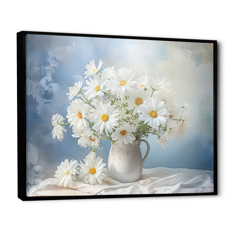 «White Daisy Efflorescence Bouquet Serenity III», reproduction sur toile, Cadre flottant noir, 30" H x 40" W
