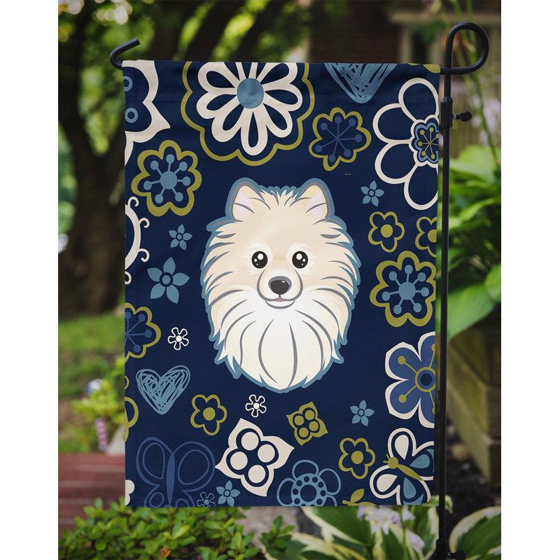 Terrier en fleurs à 2 côtés en polyester 15 x 11,5 po drapeau de jardin, Poméranie (bleu)
