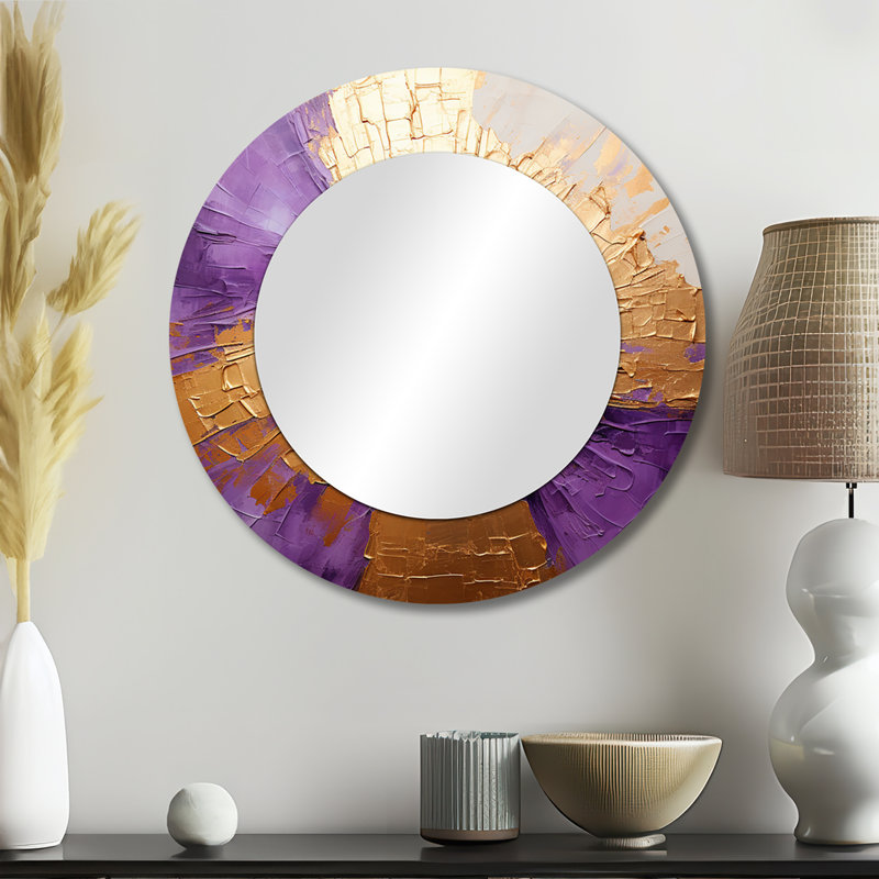 «Mahvannah» doré et mauve, motif lunaire «I», peinture murale abstraite, miroir rond beige, impression sur métal