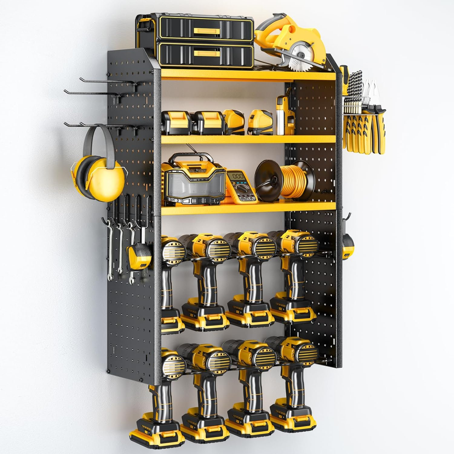 POKIPO Support Mural 4 Niveaux Pour Perceuses & Outils Électriques – Grande Capacité, Robuste Acier, Idéal Garage Atelier Maison
