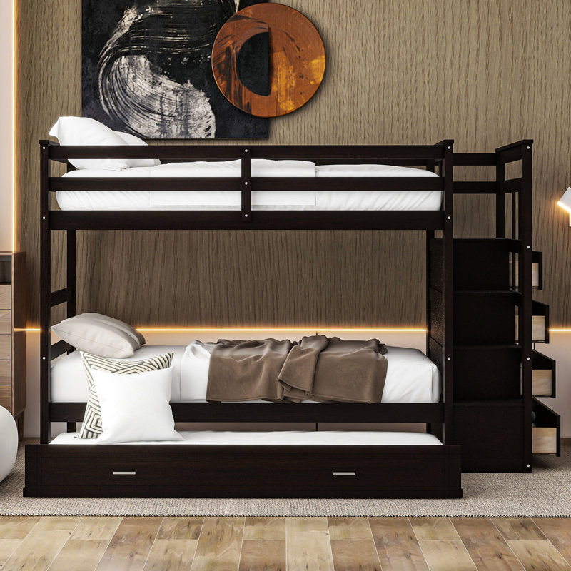 Twin Over Bunk Bed With Trundle And Finish - Solid Wood For A Bedroom Safe Access Comfortable, Espresso