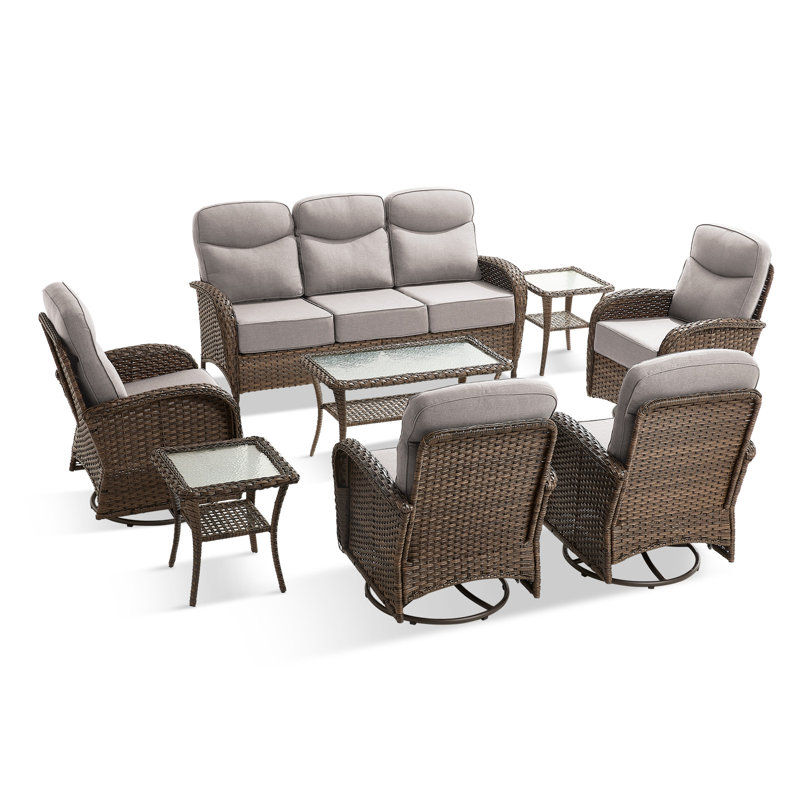 Ensemble de conversation d'extérieur en osier 8 pièces Totnes avec 4 fauteuils pivotants et coussins épais de 6 po, Beige