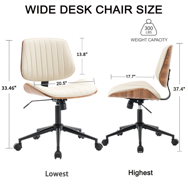Armless Desk Chair With 360°Swivel Wheels, Ergonomic Adjustable Height Computer Chair For Home Office,Pu Leather With Modern Walnut Drafting Chairs For Office, Reading Nook