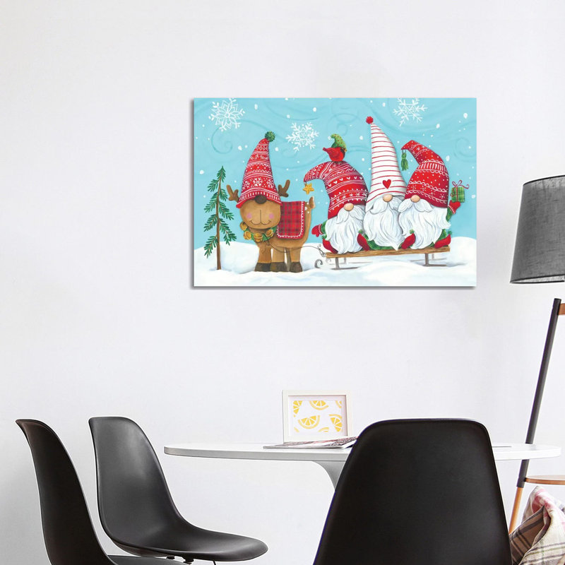 Elf Gnome Trio With Reindeer by Diane Kater - Print on Canvas, 101.6 cm H x 66.04 cm W x 3.175 cm D, Wrapped Canvas