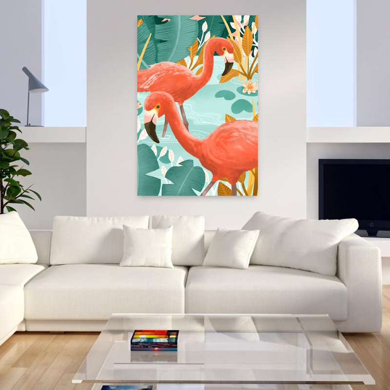 Art contemporain, paysage abstrait, oiseau, flamant, forêt, paysage, H 48 po x l 32 po