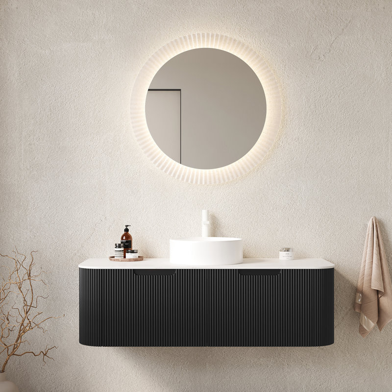 Meuble-lavabo 48 po avec armoire murale, lavabo en céramique blanche, panneaux de tiroir rayés 3D noirs, pré-assemblé, glissière sous plan à fermeture en douceur, cuve flottante, tiroir, contreplaqué, facile à installer
