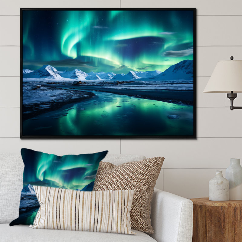 «Islandais Borealis», art mural «Aurora Borealis», Cadre flottant noir, H 34 po x l 44 po x P 1,5 po