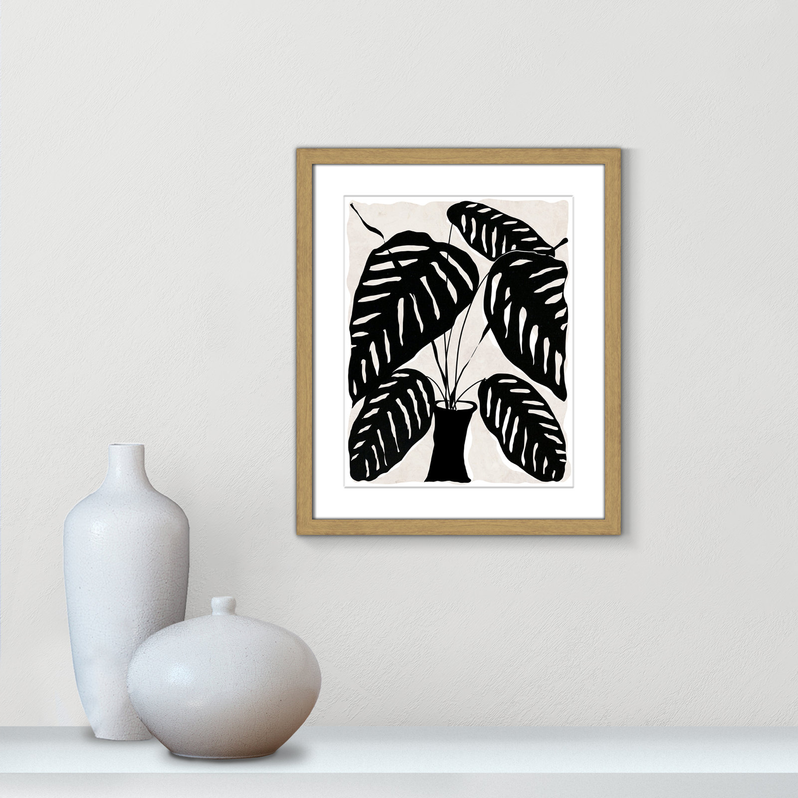 Black and White Potted Plant I Print, 19" H x 16" W x 0.75" D, Natural Framed