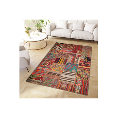Machine Washable  Multicolor Patchwork Look Woven Base Modern Decorative Rug