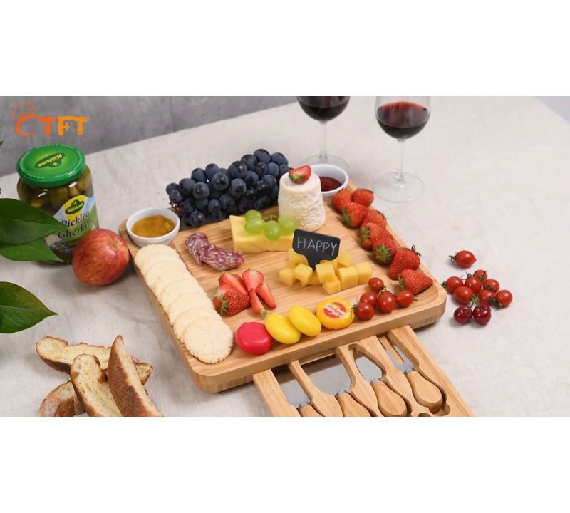Bamboo Cheese Board Set with Hidden Knife Tray, Soapstone Chalk, and Serving Moat