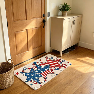 Fourth of July Patriotic Star Sketch Print Door Welcome Mat 20 X 32 In Red White Blue