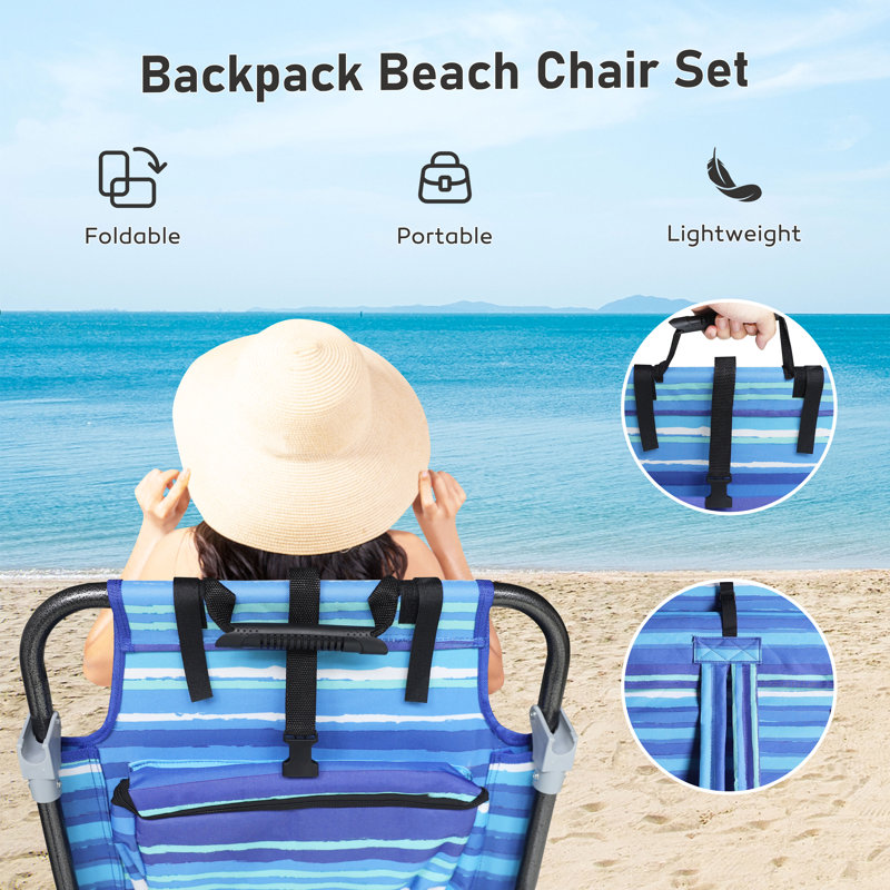 5-Position Adjustable Backpack Beach Chair Folding Lounge Chair with Pillow and Storage Bag, Blue/White Striped