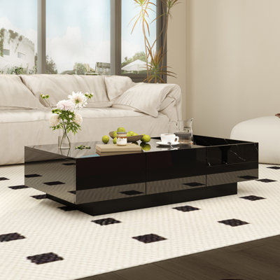 Modern Black Coffee Table With Open Storage And Drawers – High Gloss Finish And Marble Accents