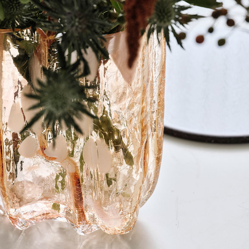 Crackle Glass Table Vase, Amber/Flamingo, 10.63" H x 7.87" W x 7.87" D