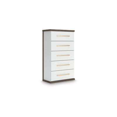 Keny Tall Dresser Chest, 5 Drawers With Gold Metal Handles, Brown And White