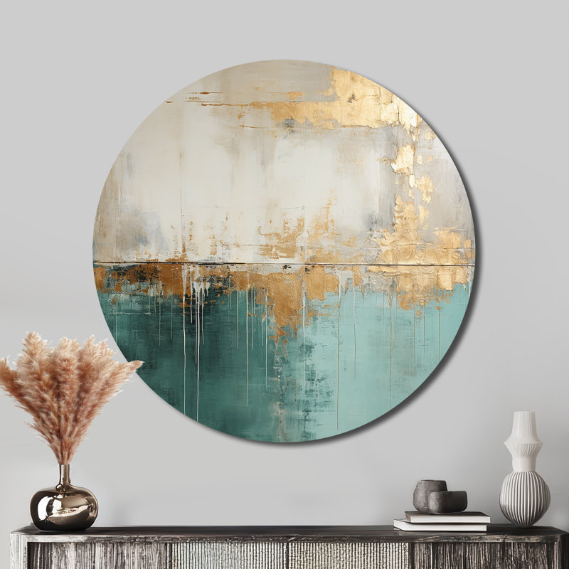 Minimalisme, horizon doré et bleu sarcelle - Art abstrait rond en métal, H 36 po x l 36 po